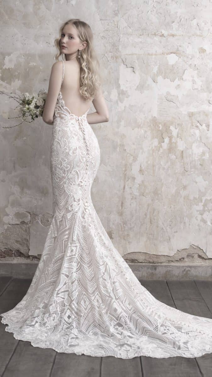 Open back beaded lace wedding dress with buttons up the back