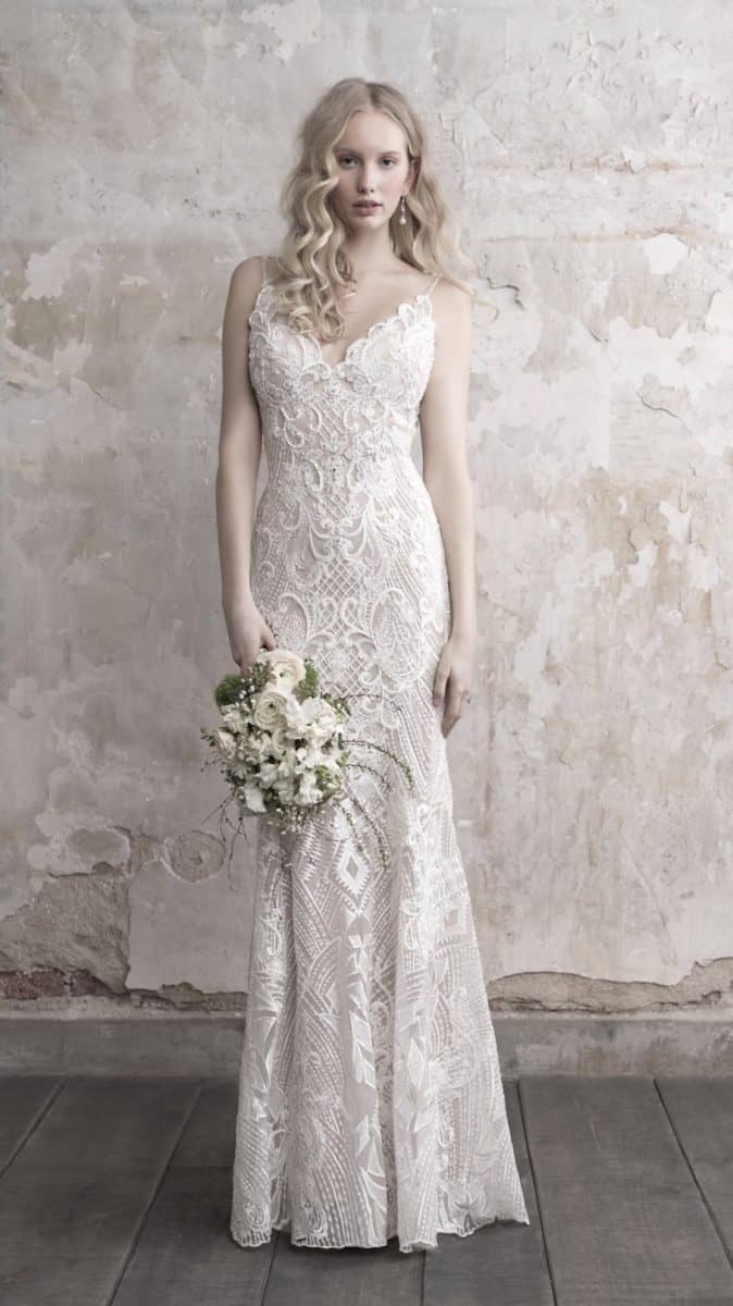 Beaded lace sheath wedding dress by Madison James