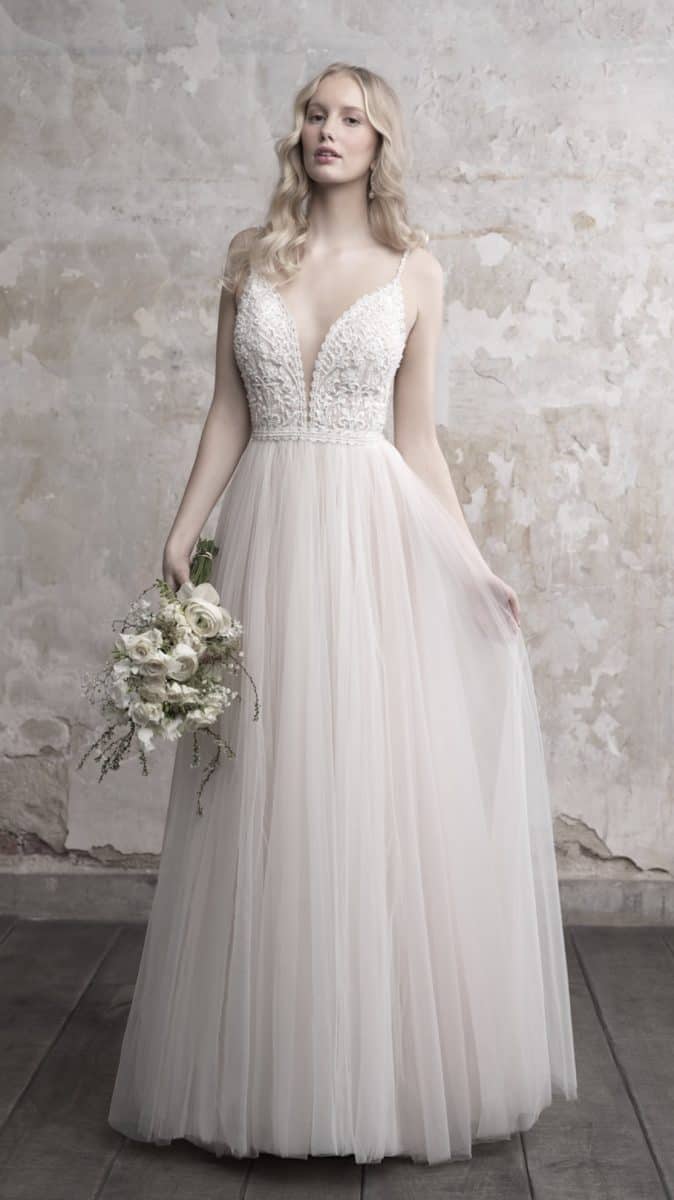 Tulle wedding dress with plunge neckline Madison James Style MJ456