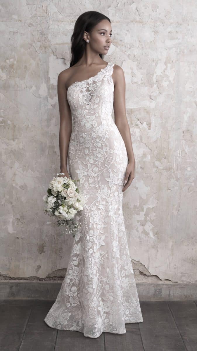 One shoulder lace wedding dress with applique