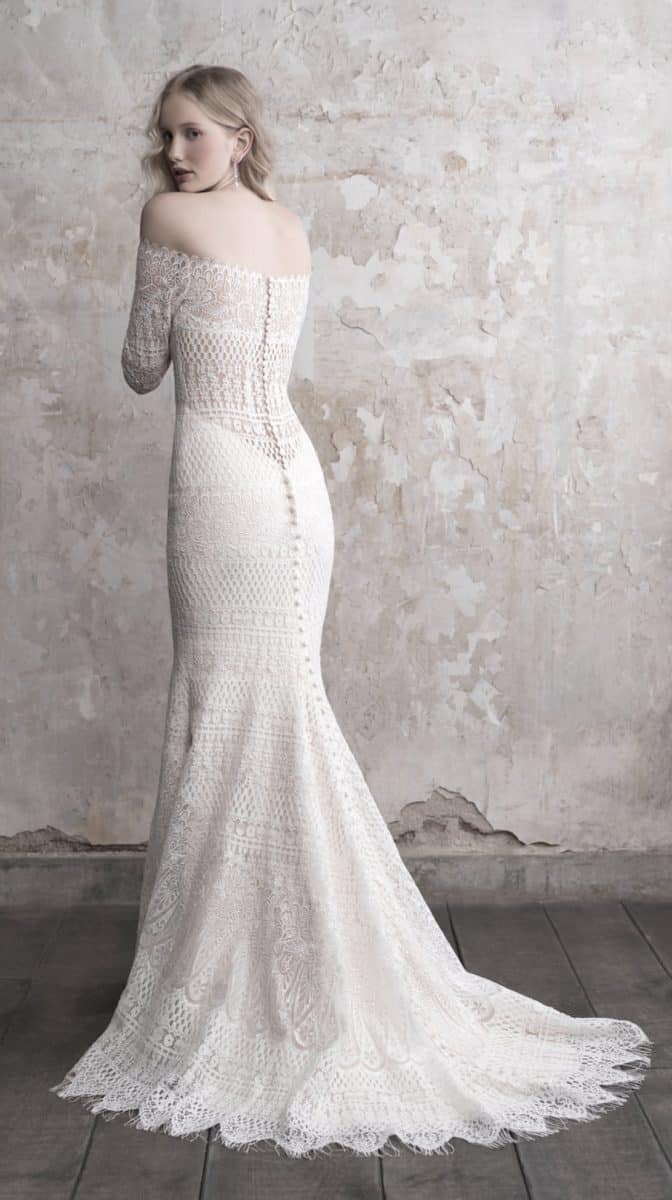 Off the shoulder lace wedding dress with illusion back Madison James Style MJ470