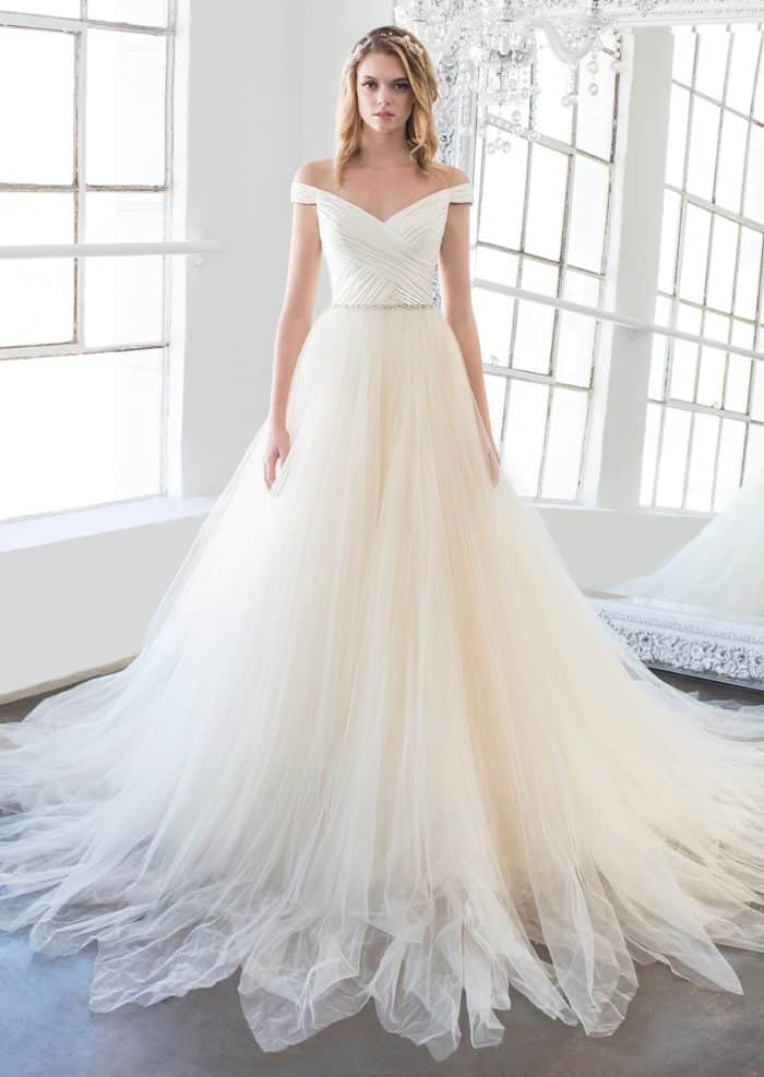 Off the shoulder bridal gown with tulle skirt Magnolia bridal gown