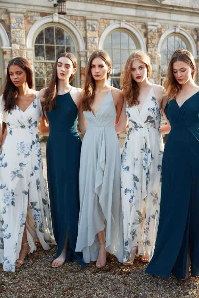 Blue green and floral print Jenny Yoo bridesmaid dresses