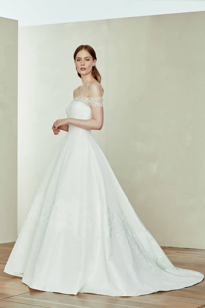 Silk ball gown wedding dress with off the shoulder lace 