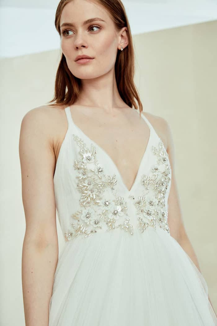 Wedding gown with deep v neck and delicate straps and embellishement | Terri by Amsale Bridal 2019