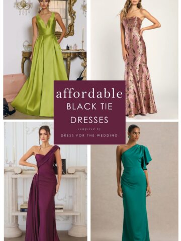 Cover for articl on affordable black tie dresses showing 4 dresses and text