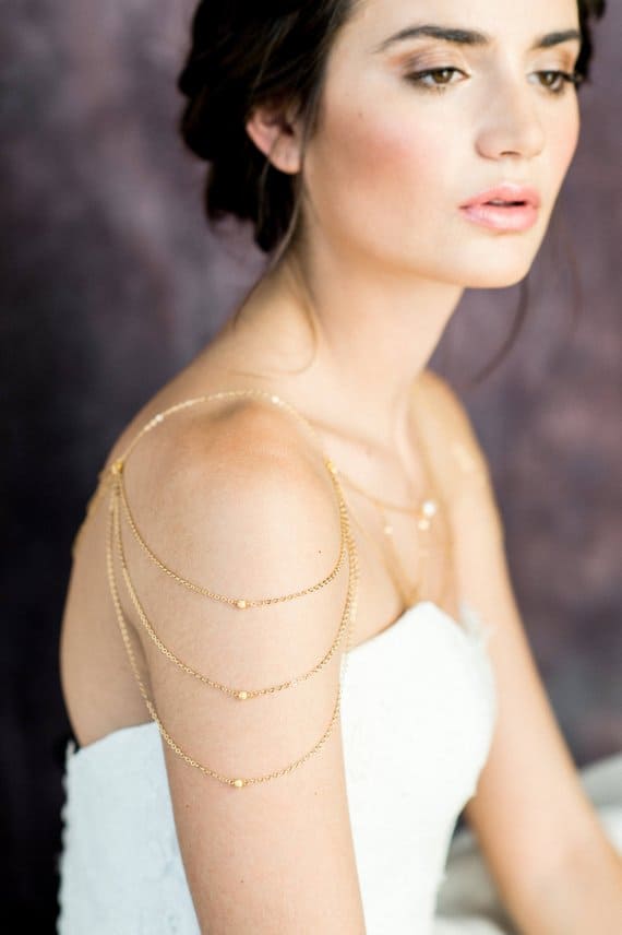 gold chain bridal shoulder jewelry by Blair Nadeau Bridal