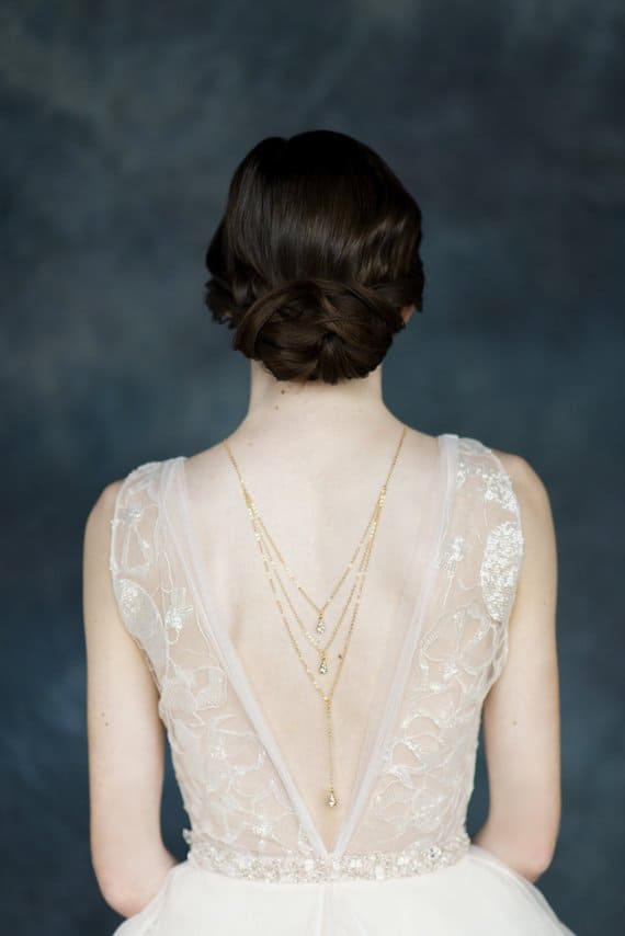 gold crystal back necklace for bride