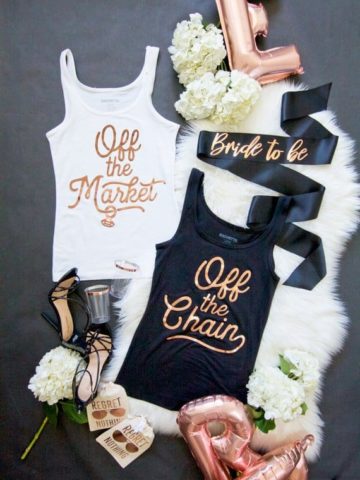 Bachelorette party tank tops in rose gold