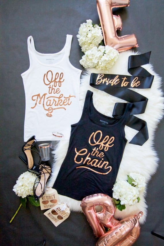 Bachelorette party tank tops in rose gold