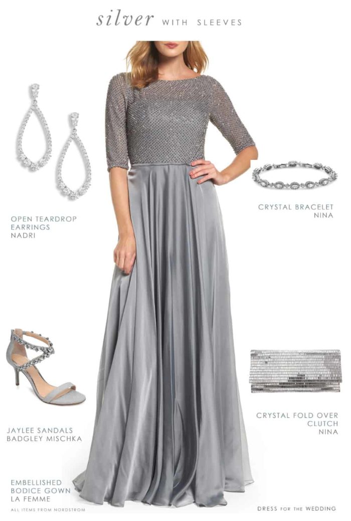 silver dress for the mother of the bride with sleeves