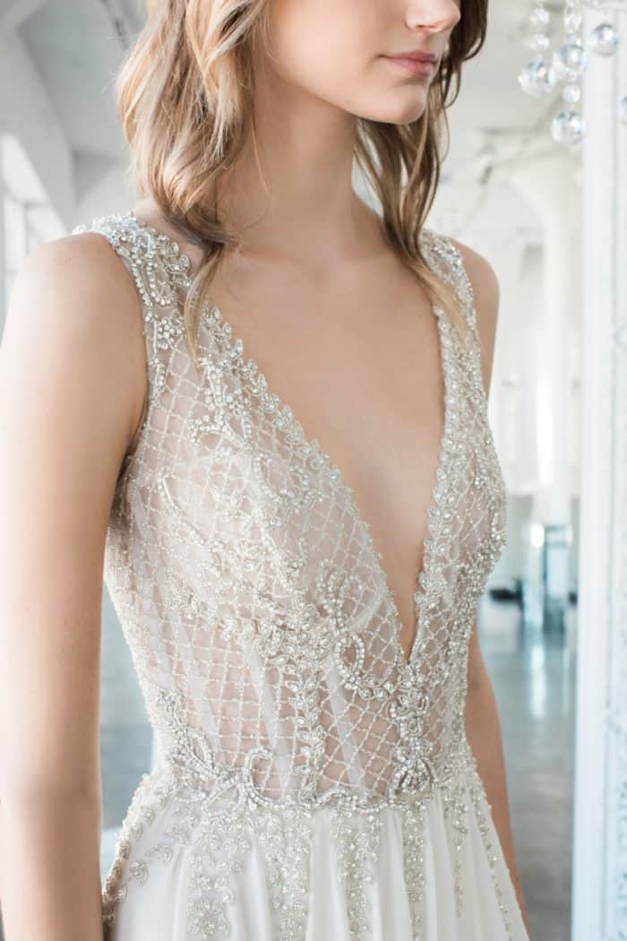 Beaded plunge neck wedding dress Adeline by Winnie Couture