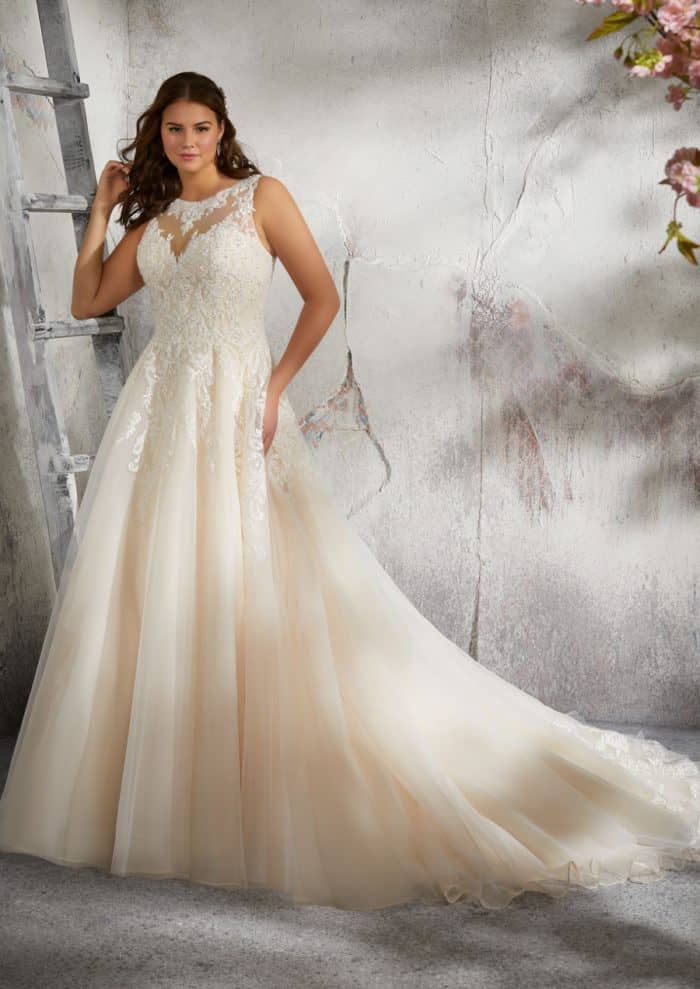 Lace illusion neck and back plus size wedding gown | Julietta by Morilee