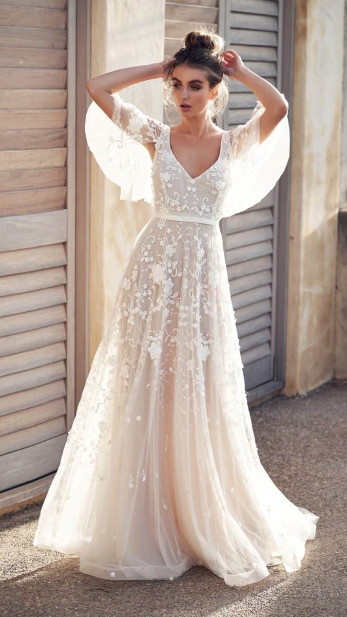 Flutter sleeve sheer wedding gown with beading and pearl detail | Amelie by Anna Campbell Wanderlust