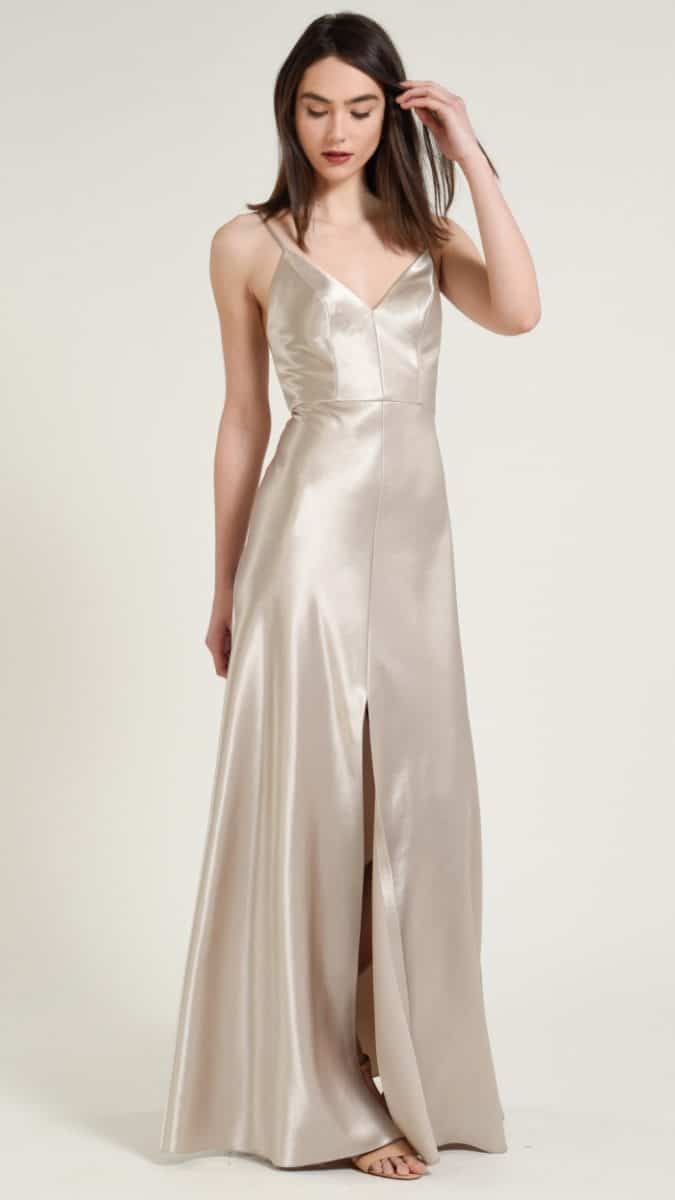 Satin champagne bridesmaid dresses by Jenny Yoo