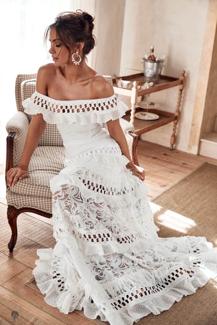 Coco, an off-the-shoulder lace wedding dress Grace Loves Lace