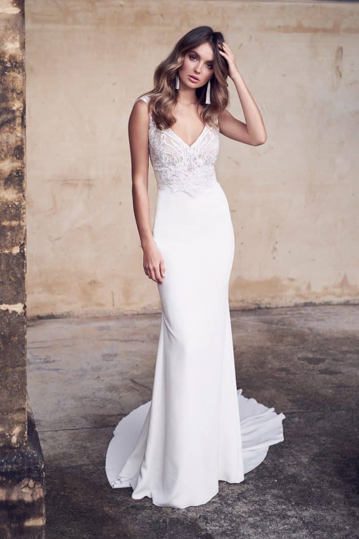 V neck wedding gown with Crepe de chine Jamie dress by Anna Campbell