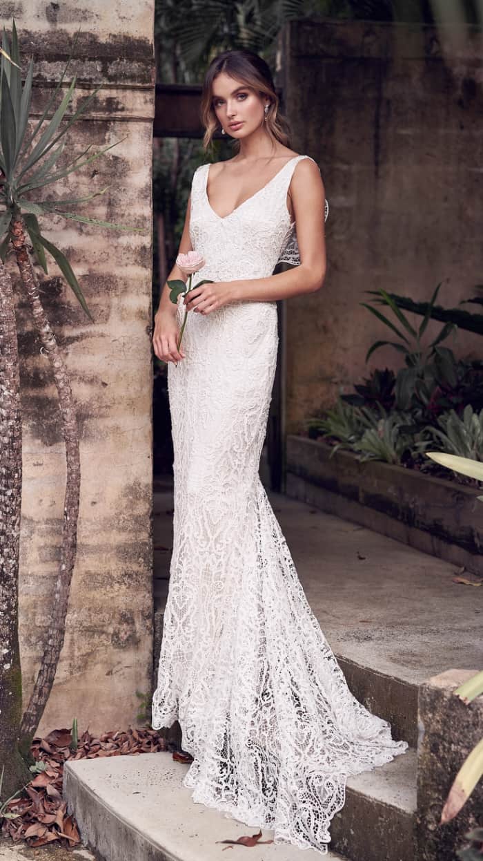 Long lace v neck wedding dress