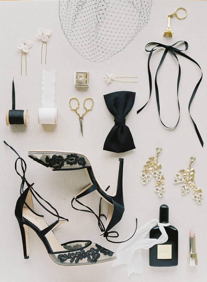 Black lace heels and wedding accessories