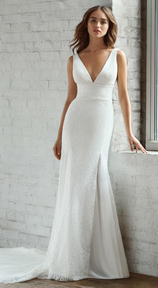 Plunge V neck all over lace wedding dress trumpet gown under 2000 | Liana by Ti Adora