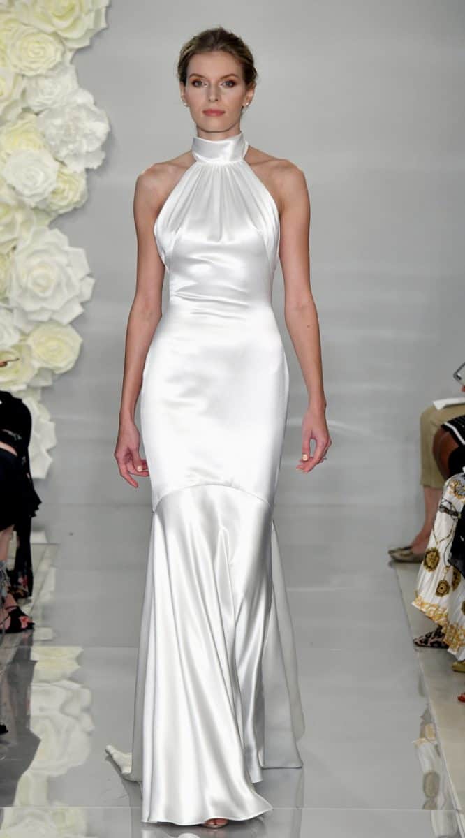 Halter neck silk wedding dress like Meghan Markle | Theia Bella Donna gown