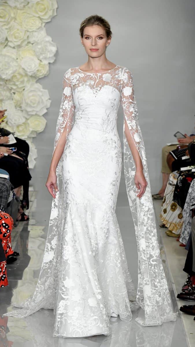 Theia lace cape wedding dress