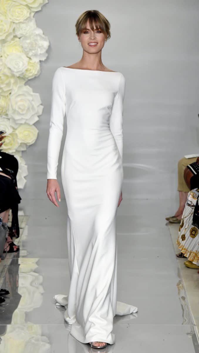 Long sleeve boat neck wedding dress 'Flora' by Theia Bridal