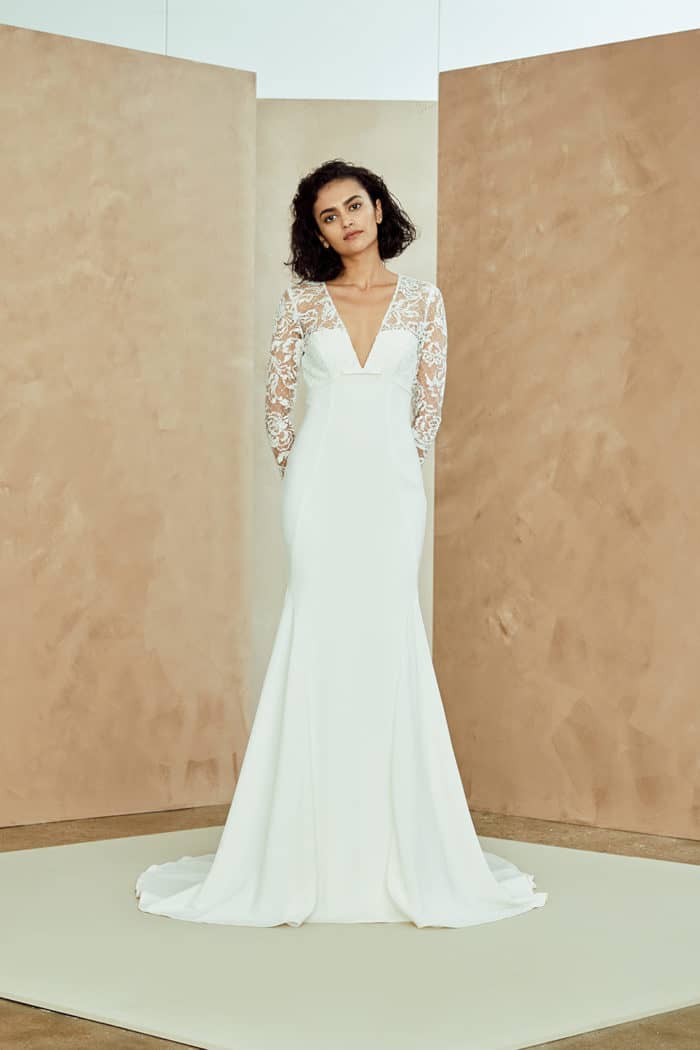 V neck long sleeve lace wedding dress | Juilanna by Nouvelle Amsale Spring 2019