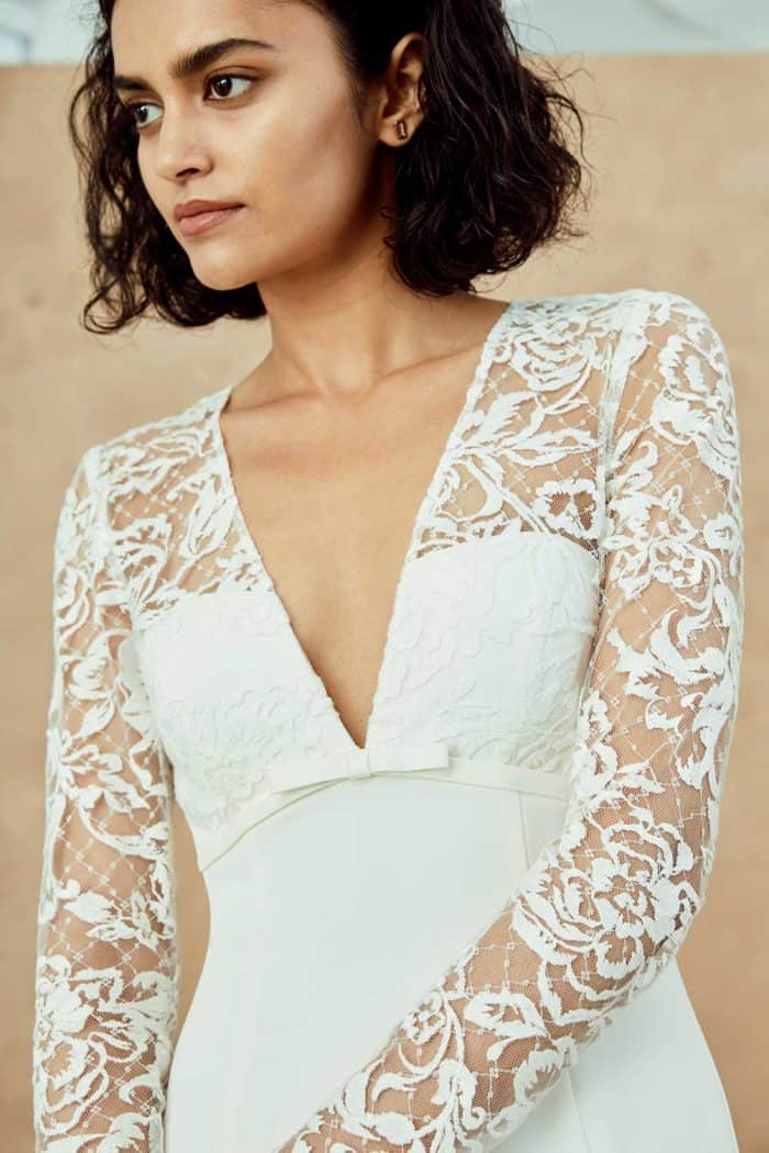 Plungeing neck long sleeve lace wedding dress | Juilanna by Nouvelle Amsale Spring 2019