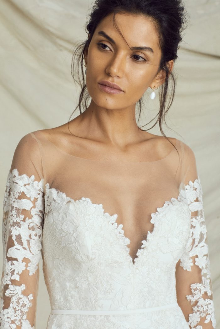 Off the shoulder wedding dress with long lace sleeves and plung neckline | Kelly Faetanini Fall 2019 Bridal Collection