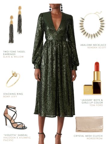 Holiday party outfit 2018 Green sequin dress with long sleeves