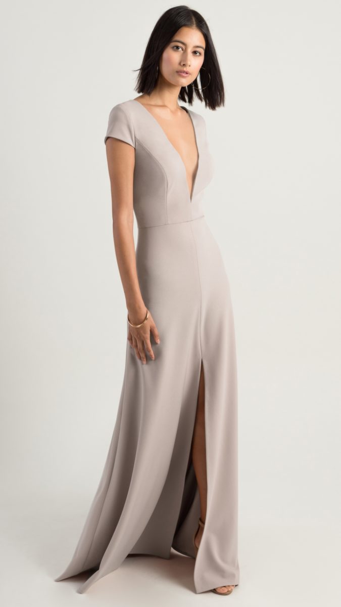 Plunge neck gray bridesmaid dress with short sleeves | Cara by Jenny Yoo