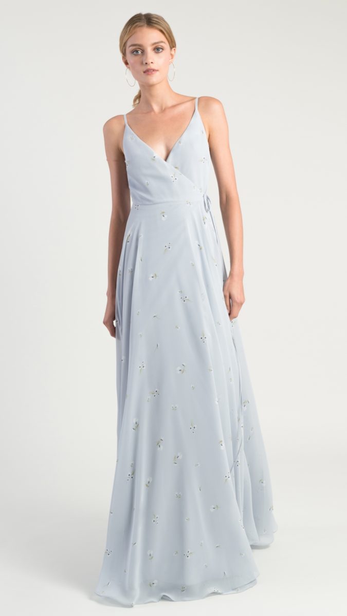 Pale blue printed bridesmaid dresses with wrap style maxi dress | James by Jenny Yoo