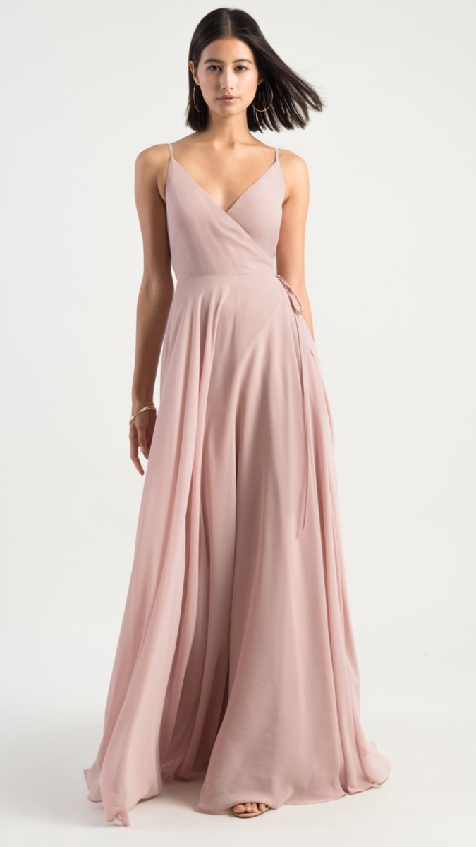 Blush wrap bridesmaids dress with spaghetti straps | James by Jenny Yoo