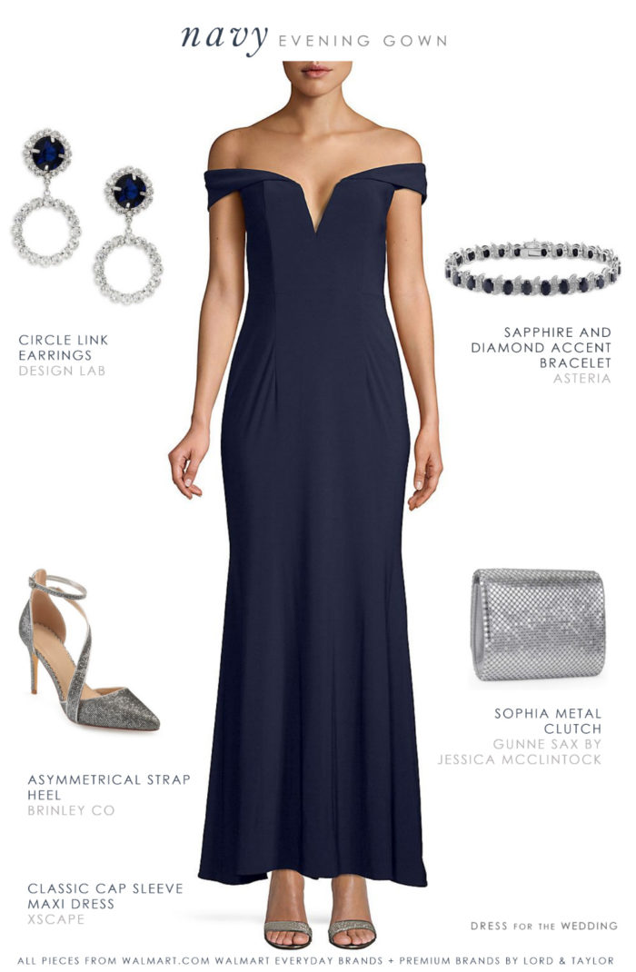 Navy blue evening gown and accessories for winter wedding 