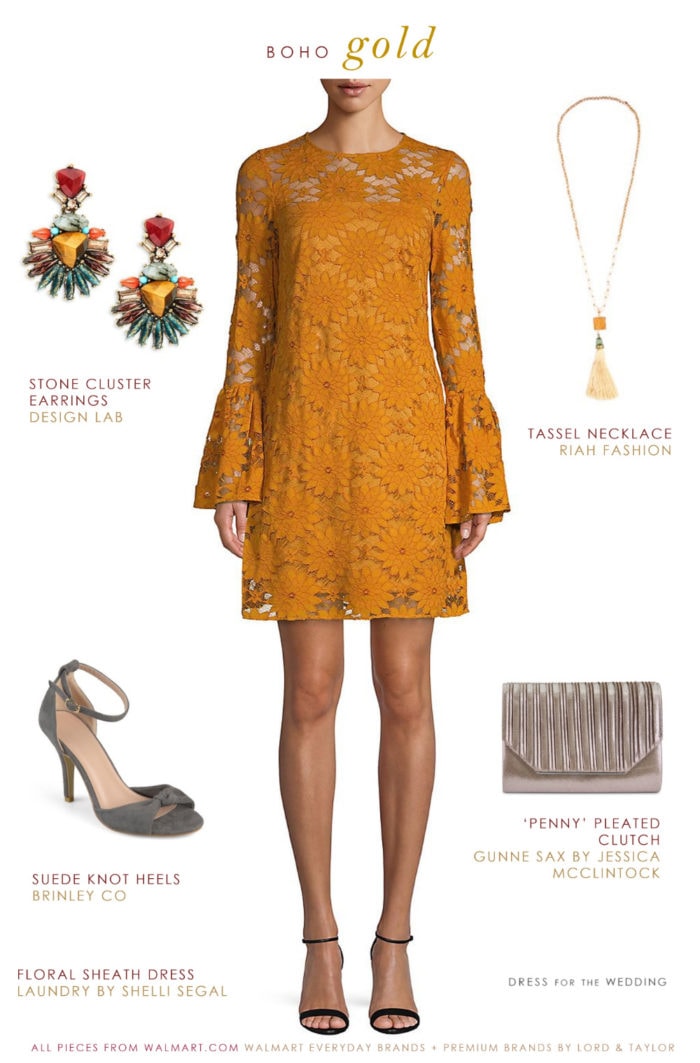 Gold lace shift dress and accessories for winter wedding guest