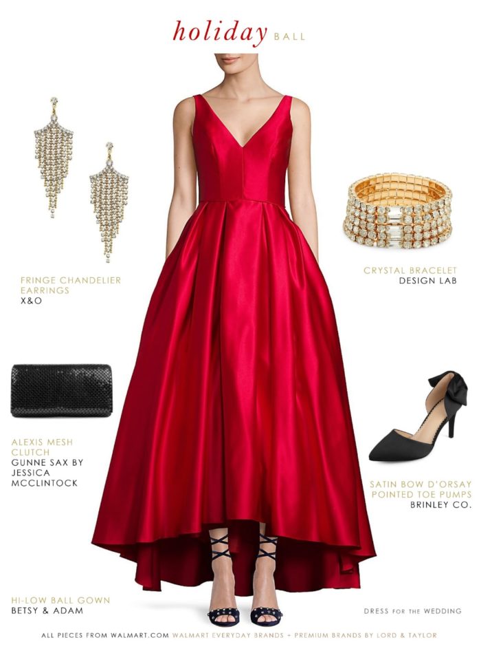 Red satin ballgown for formal holiday event