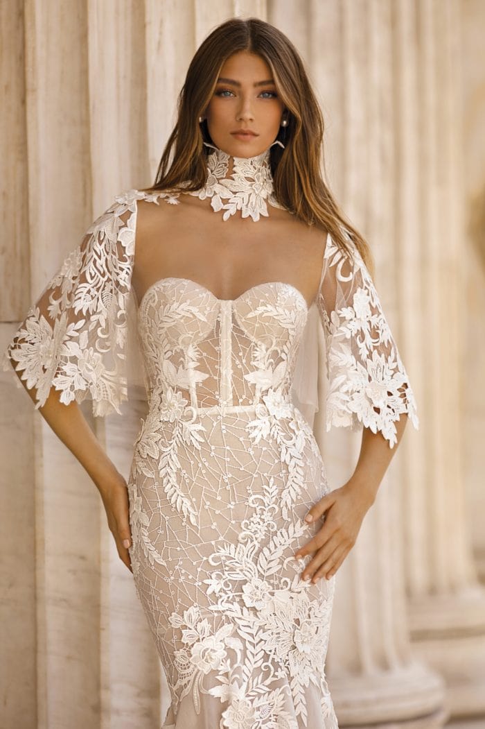 BERTA wedding dress with lace cape and high neck