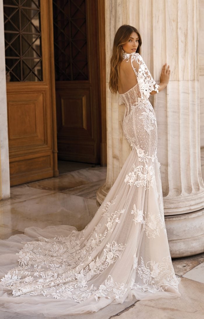 Lace wedding dress with open back by BERTA bridal