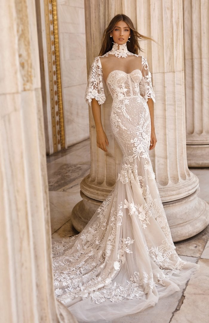 Top designer couture bridal with high neck lace gown