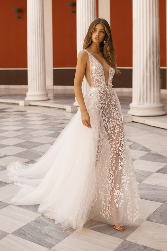 Sheer designer bridal gown with tulle overskirt | BERTA Bridal 2019