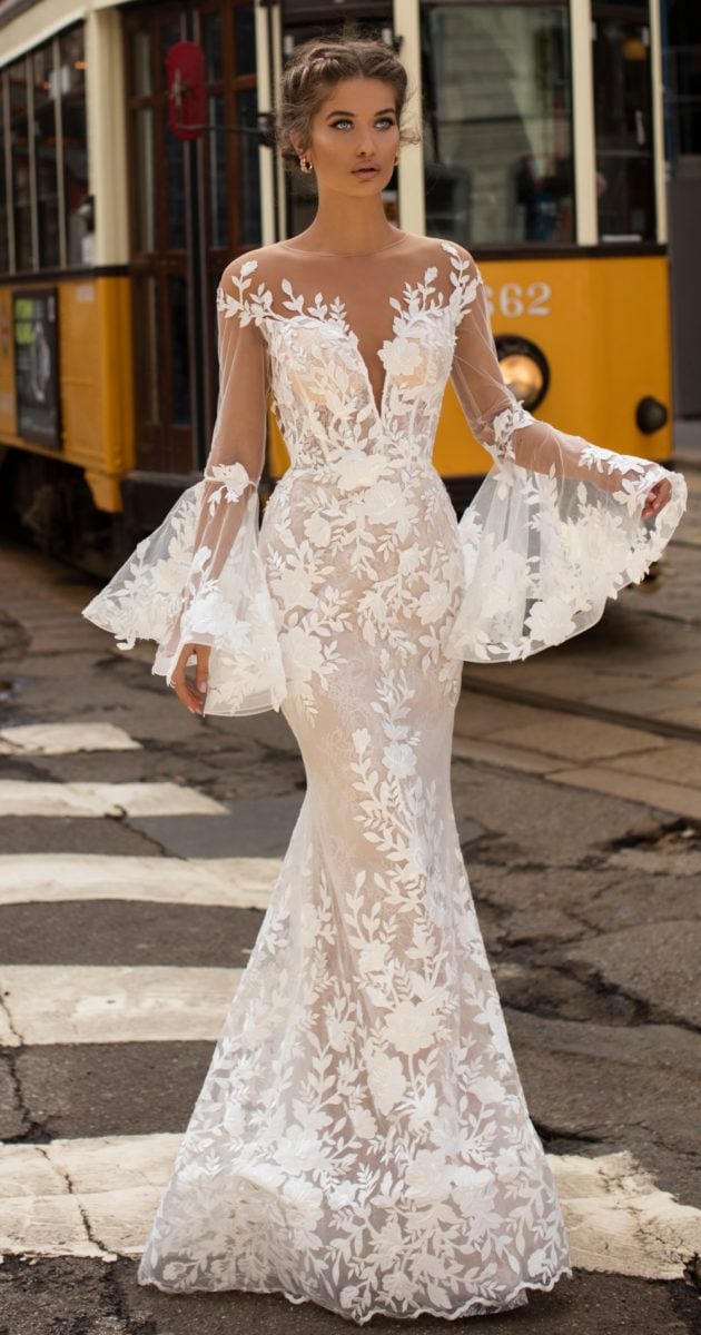 Tarik Ediz Wedding Dresses with long lace bell sleeves