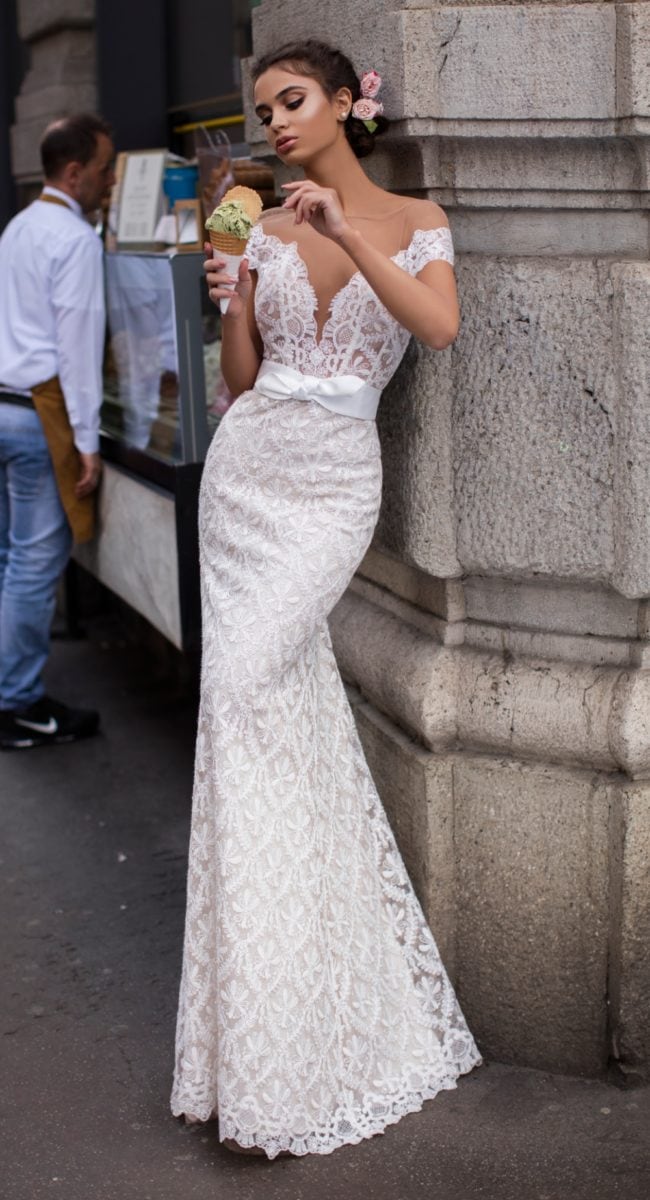 Lace mermaid gown with deep neckline | Tarik Ediz