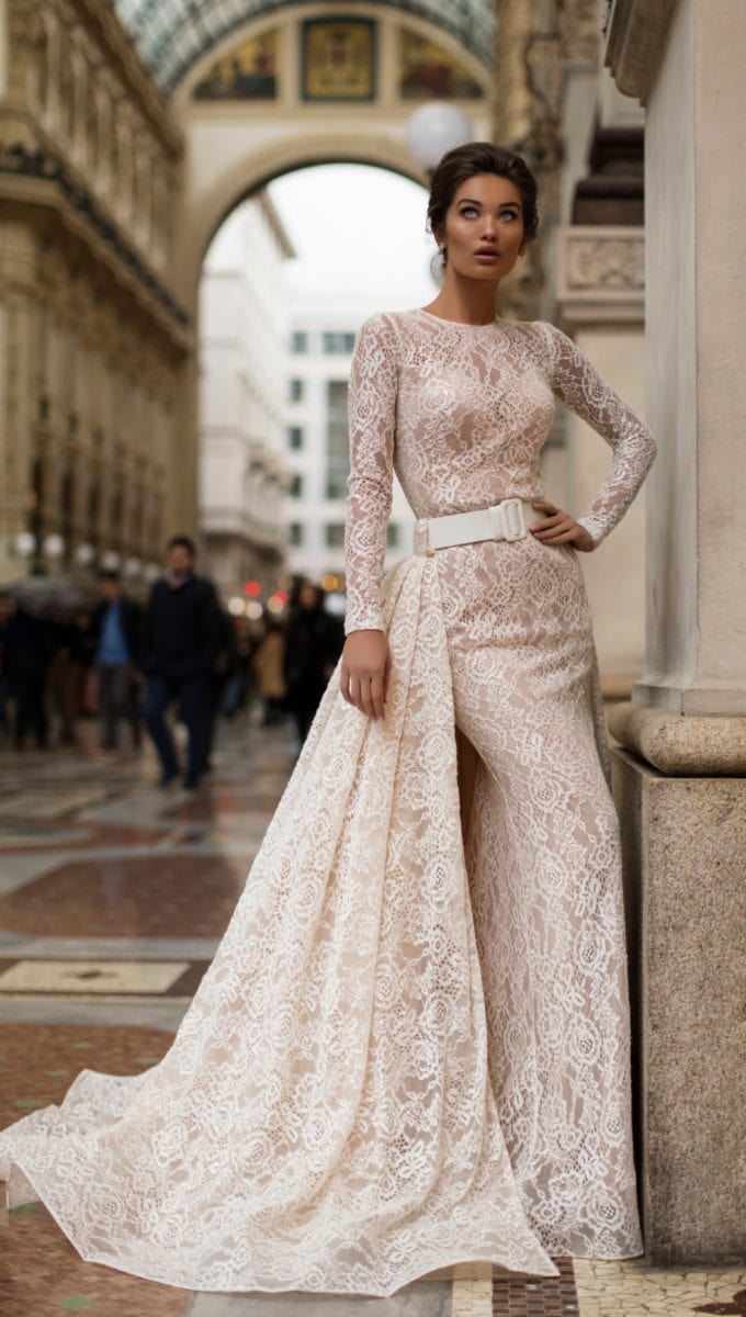 Wedding dress with overskirt and long sleeves | Long sleeve lace Tarik Ediz wedding dress