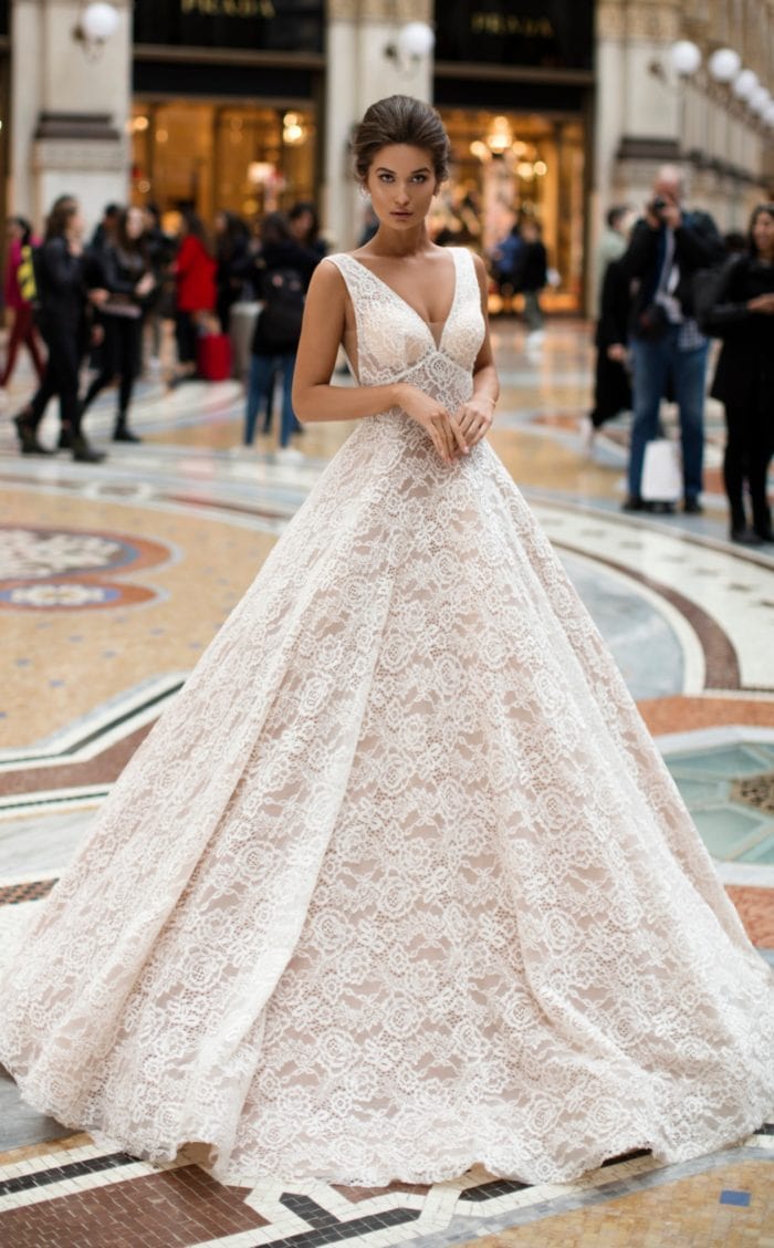 V neck lace ball gown designer wedding dress