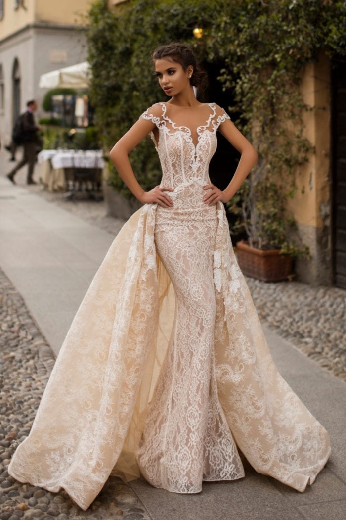 Off white lace gown with overskirt