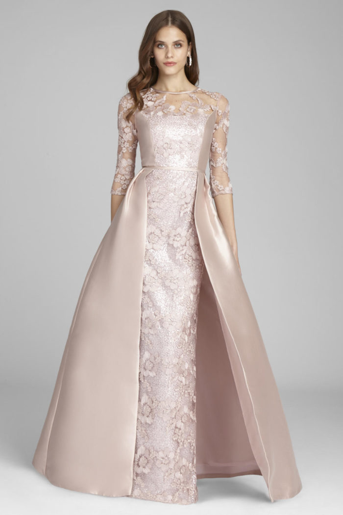 Blush ball gown with overskirt | Pink MOB gown for Black Tie Wedding