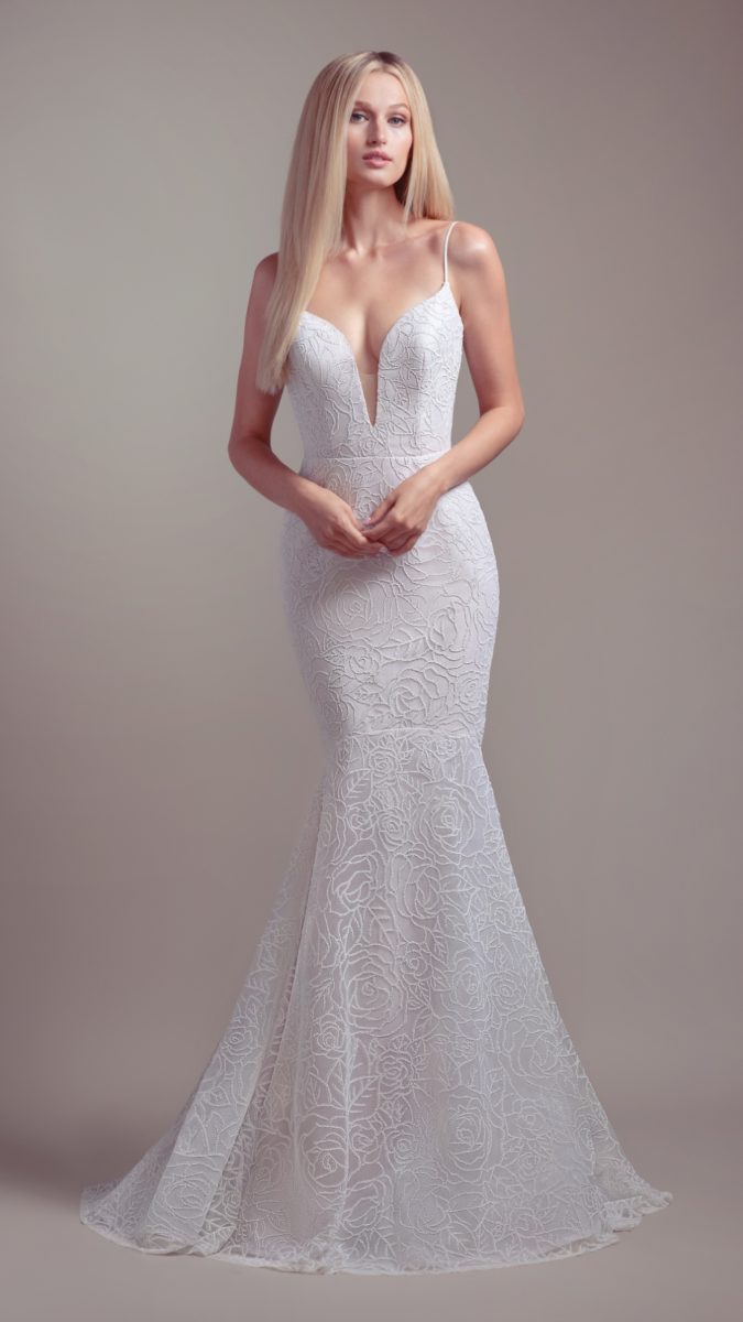 Wedding dress with plunging neckline