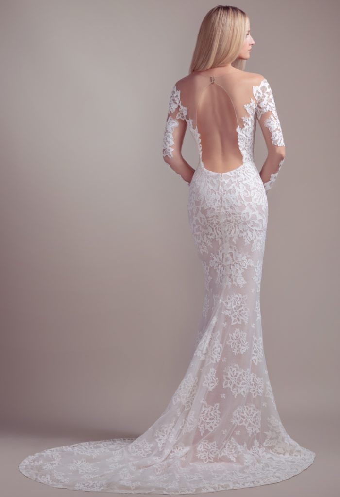 Open back long sleeve wedding dress with train | Jameson Blush by Hayley Paige