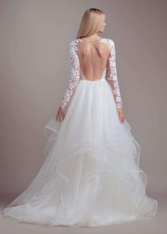 Long sleeve lace v neck wedding dress with tulle